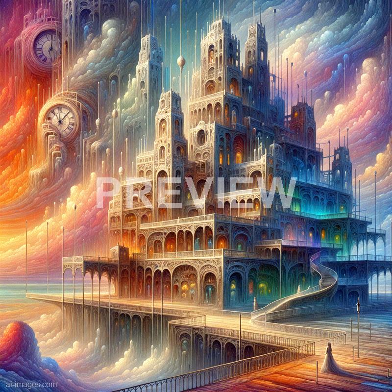 The image depicts an elaborate, fantastical city built into a towering, multi-leveled structure with intricate architectural details. The city appears to float among colorful clouds, illuminated by warm and cool light sources, creating a vibrant rainbow effect across the scene. In the background, there are large clock faces embedded into the clouds, adding a surreal, dreamlike atmosphere, while a winding staircase and a few tiny human figures are visible in the foreground, emphasizing scale and wonder.